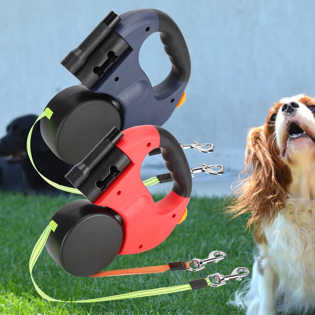 PawTrail Duo™ – Dual Retractable Dog & Cat Leash with LED Light and Automatic Traction Rope