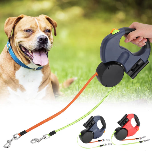 PawTrail Duo™ – Dual Retractable Dog & Cat Leash with LED Light and Automatic Traction Rope
